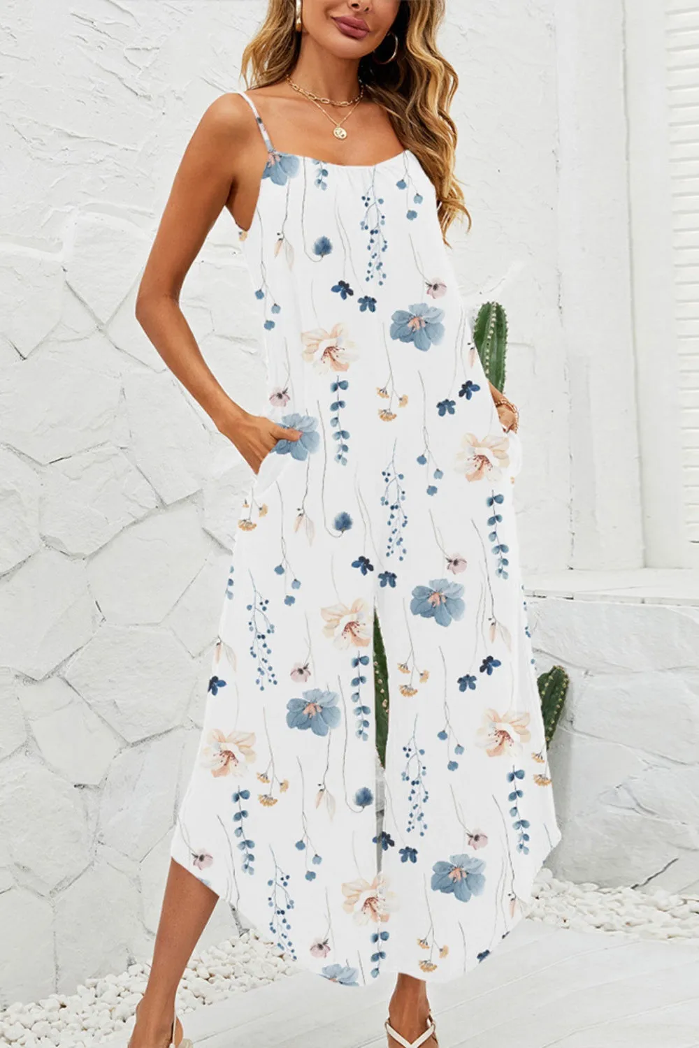 🌼 Shiny Printed Scoop Neck Wide-Leg Jumpsuit 🌼