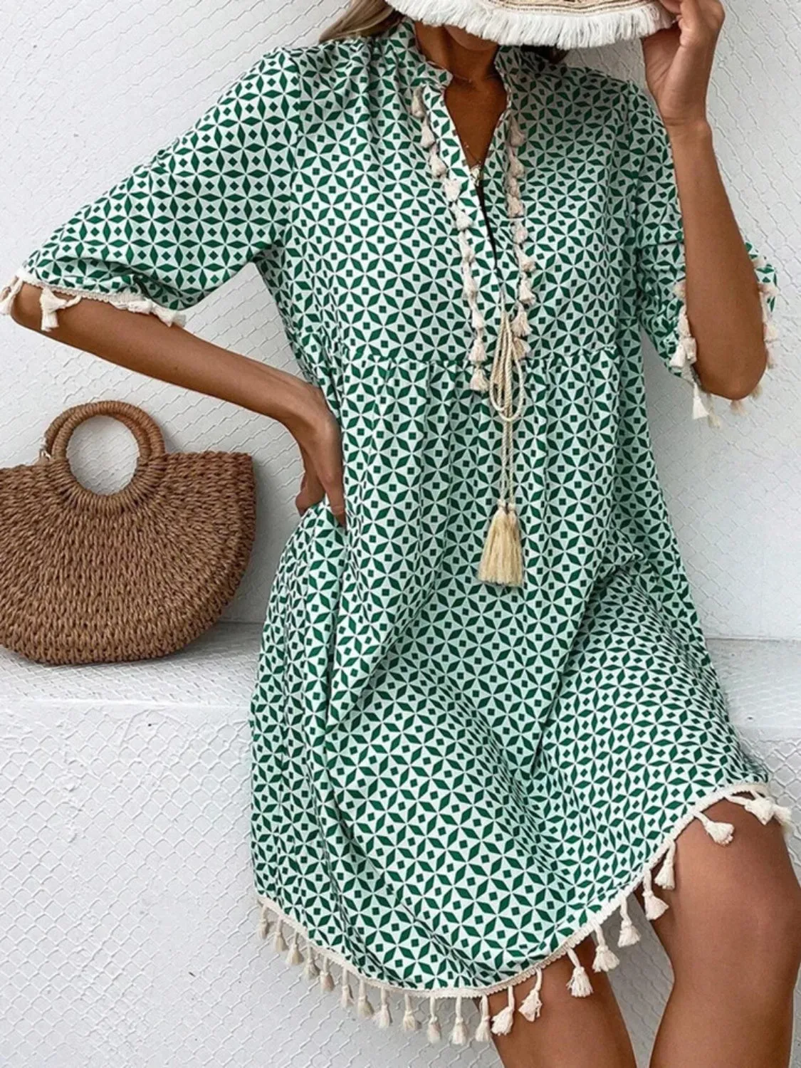 🌿 Tassel Printed Notched Half Sleeve Mini Dress 🌿