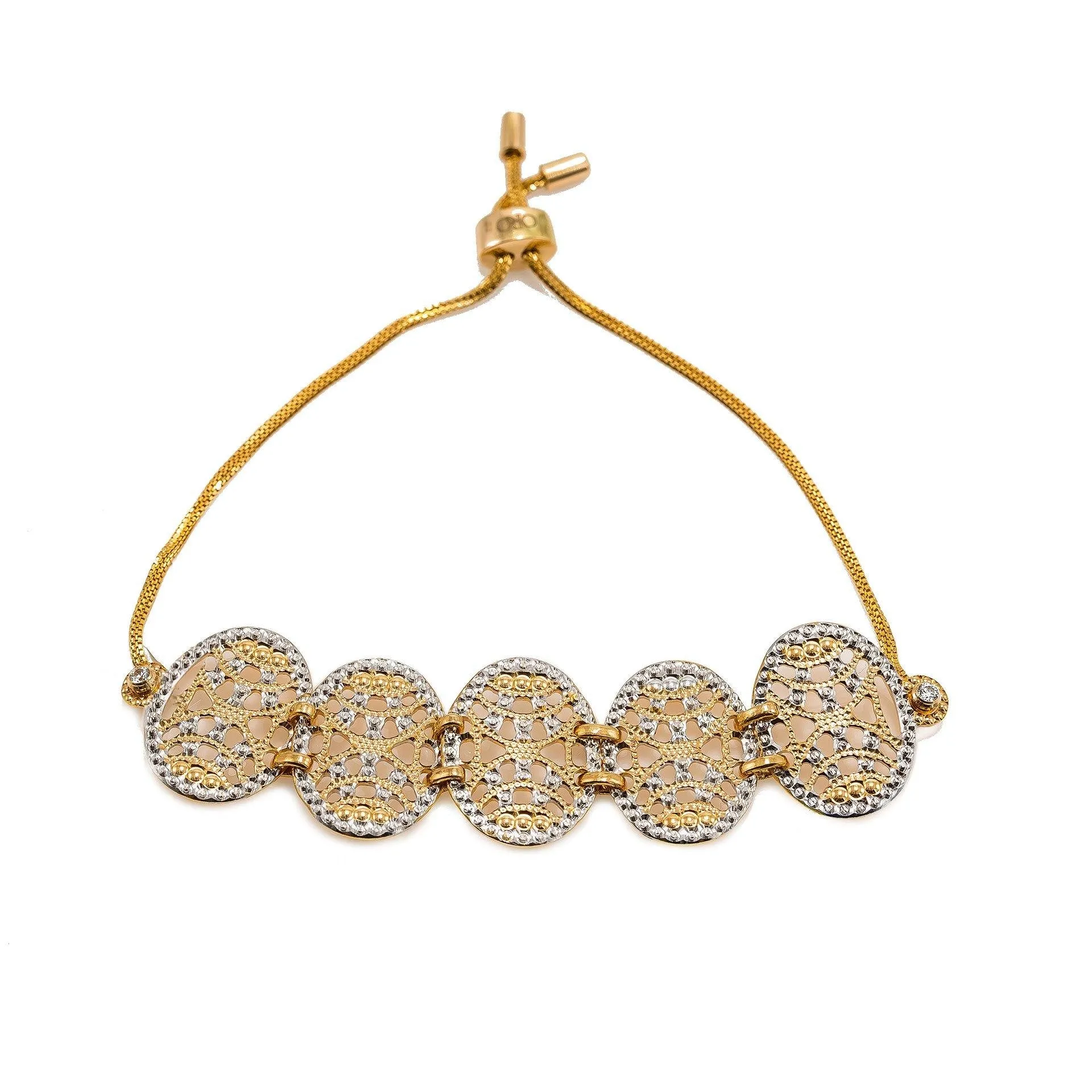 22K Multi Tone Gold Bracelet W/ Round Open Cut Accents & Drawstring Closure