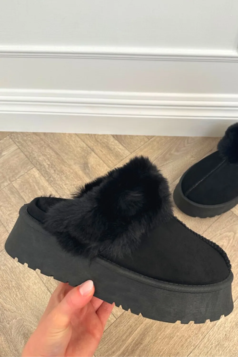 Amara Black platform faux fur lined mules