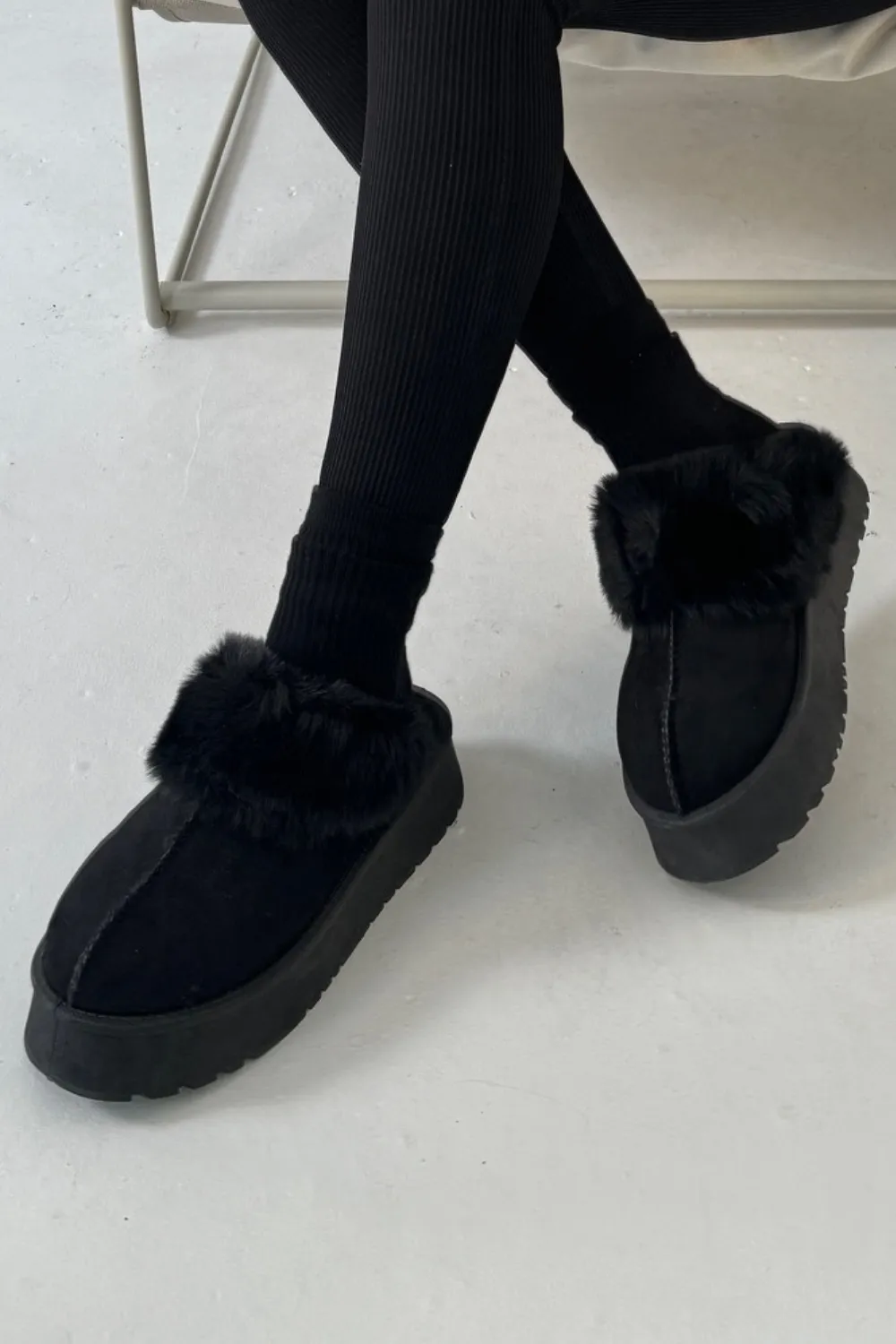 Amara Black platform faux fur lined mules