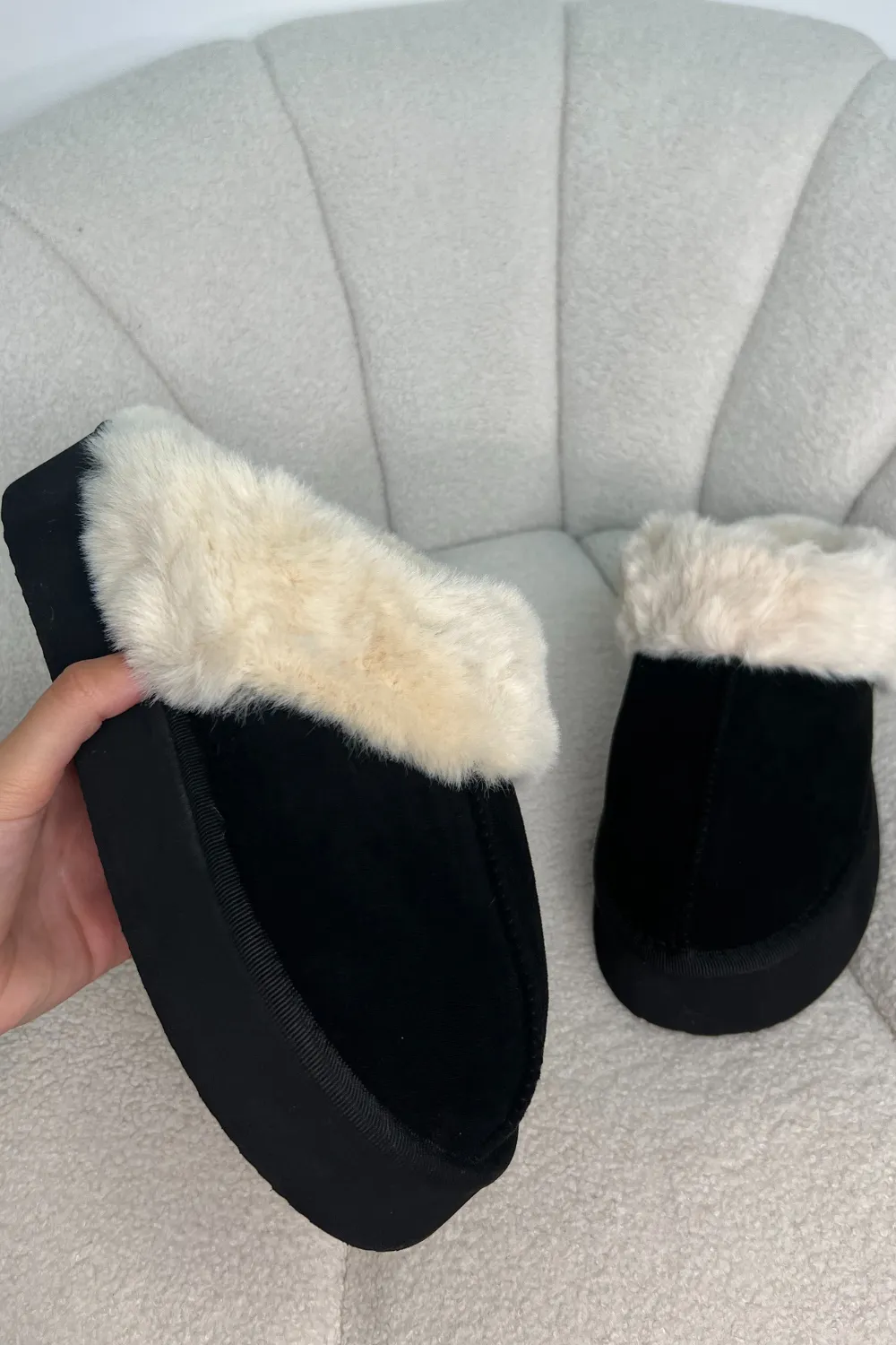 Amara cream & black platform faux fur lined mules