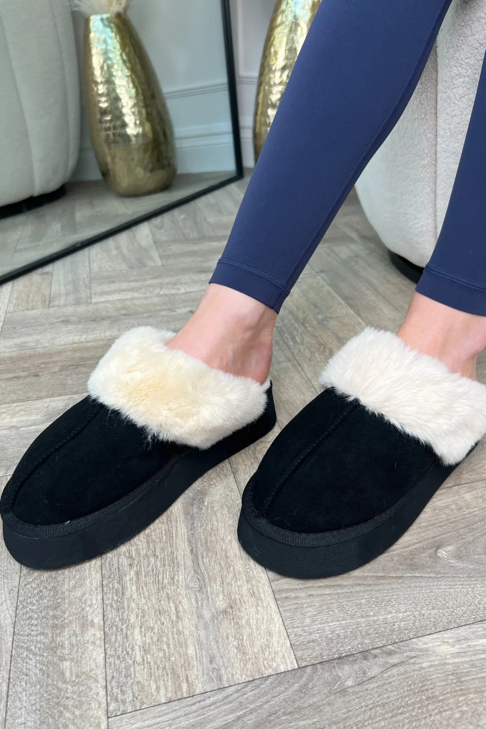 Amara cream & black platform faux fur lined mules