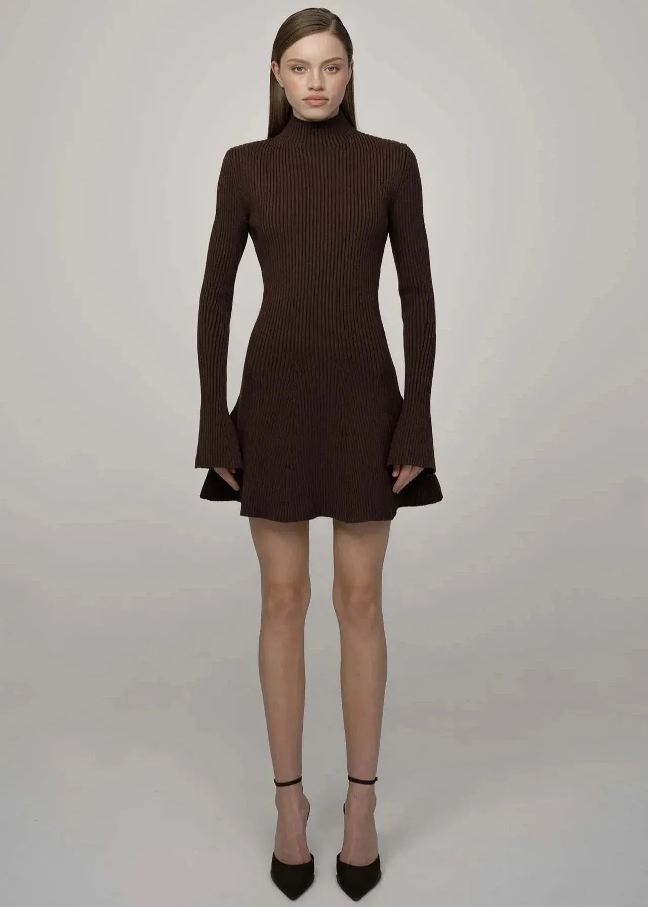 Autumn Chic - Ribbed Knit Turtleneck A-Line Dress