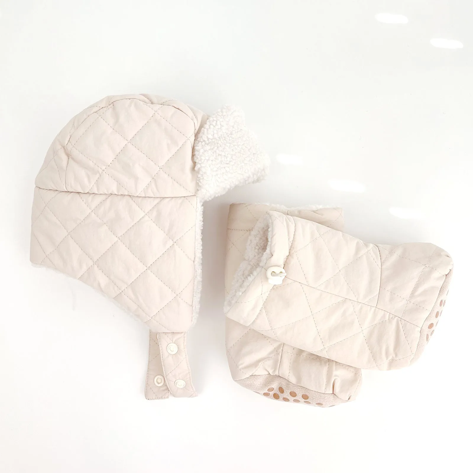 Baby Trapper Hat Toddler Winter Quilted Puffer Ear Flap Hat | Beige