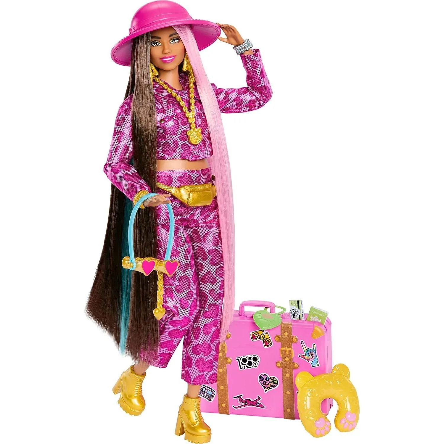 Barbie Doll with Safari Fashion, Barbie Extra Fly, Pink Animal Print Outfit and Pink Suitcase