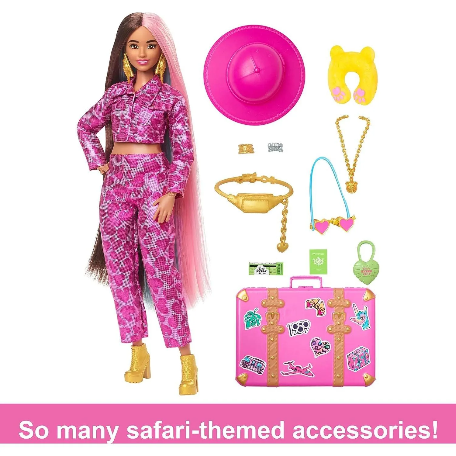 Barbie Doll with Safari Fashion, Barbie Extra Fly, Pink Animal Print Outfit and Pink Suitcase