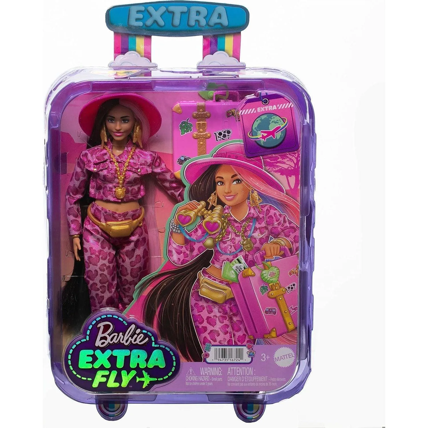 Barbie Doll with Safari Fashion, Barbie Extra Fly, Pink Animal Print Outfit and Pink Suitcase