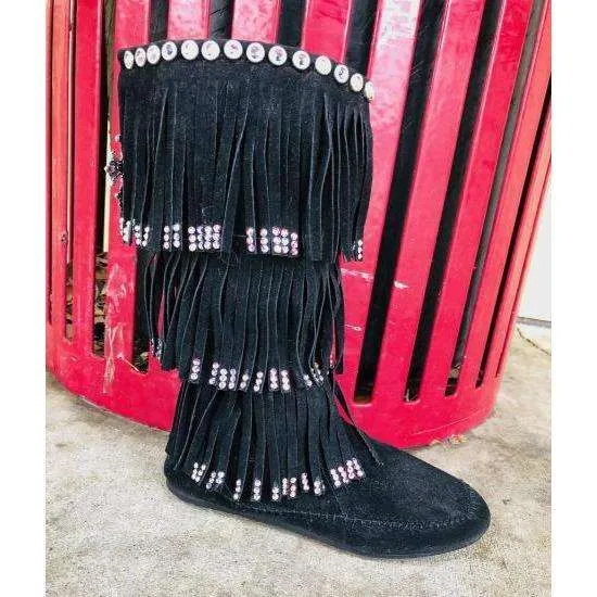 Black Fringe Moccasin Boots