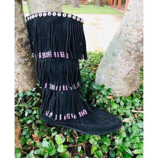 Black Fringe Moccasin Boots