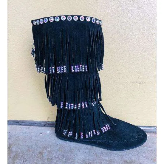 Black Fringe Moccasin Boots