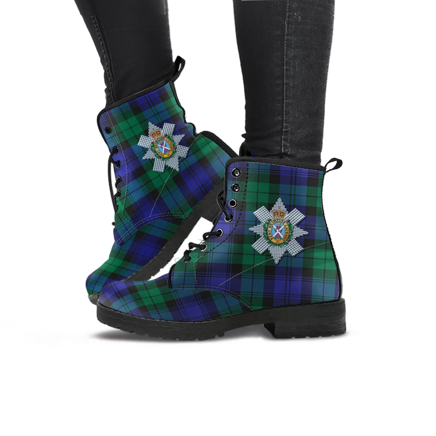 Black Watch Modern Tartan Leather Boots with Family Crest