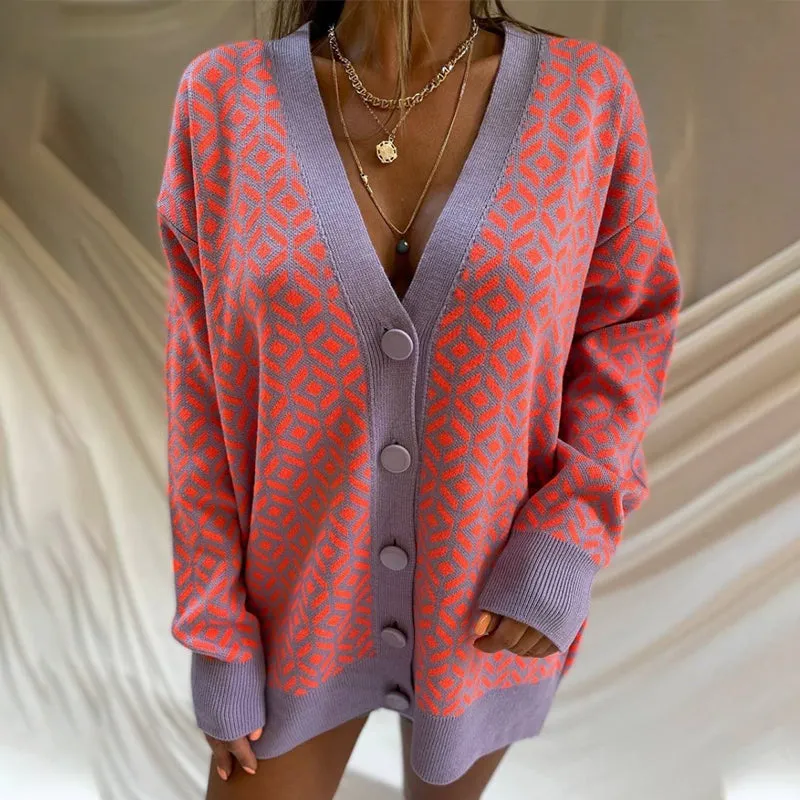 Color Block Plaid Knit V-Neck Cardigan