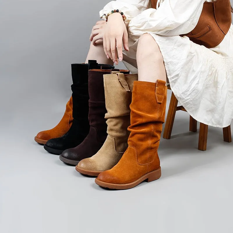 Designer Suede Leather Knee High Boots Fold Design Riding Boots in Black/Brown/Apricot/Coffee