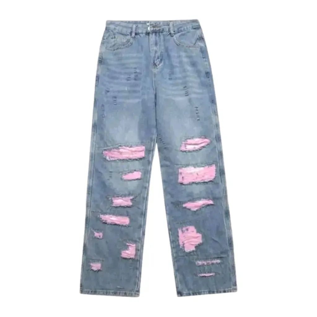 Distressed pink patchwork men's jeans