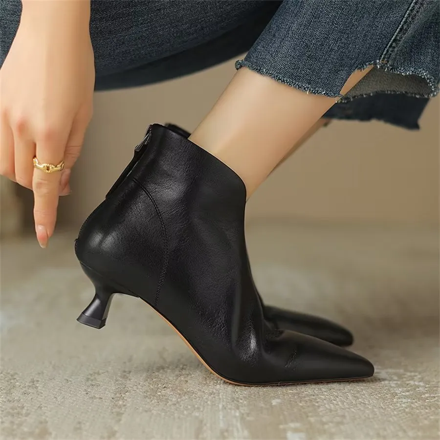 Elegant Cow Leather Pointed Toe Inner Zipper Boots