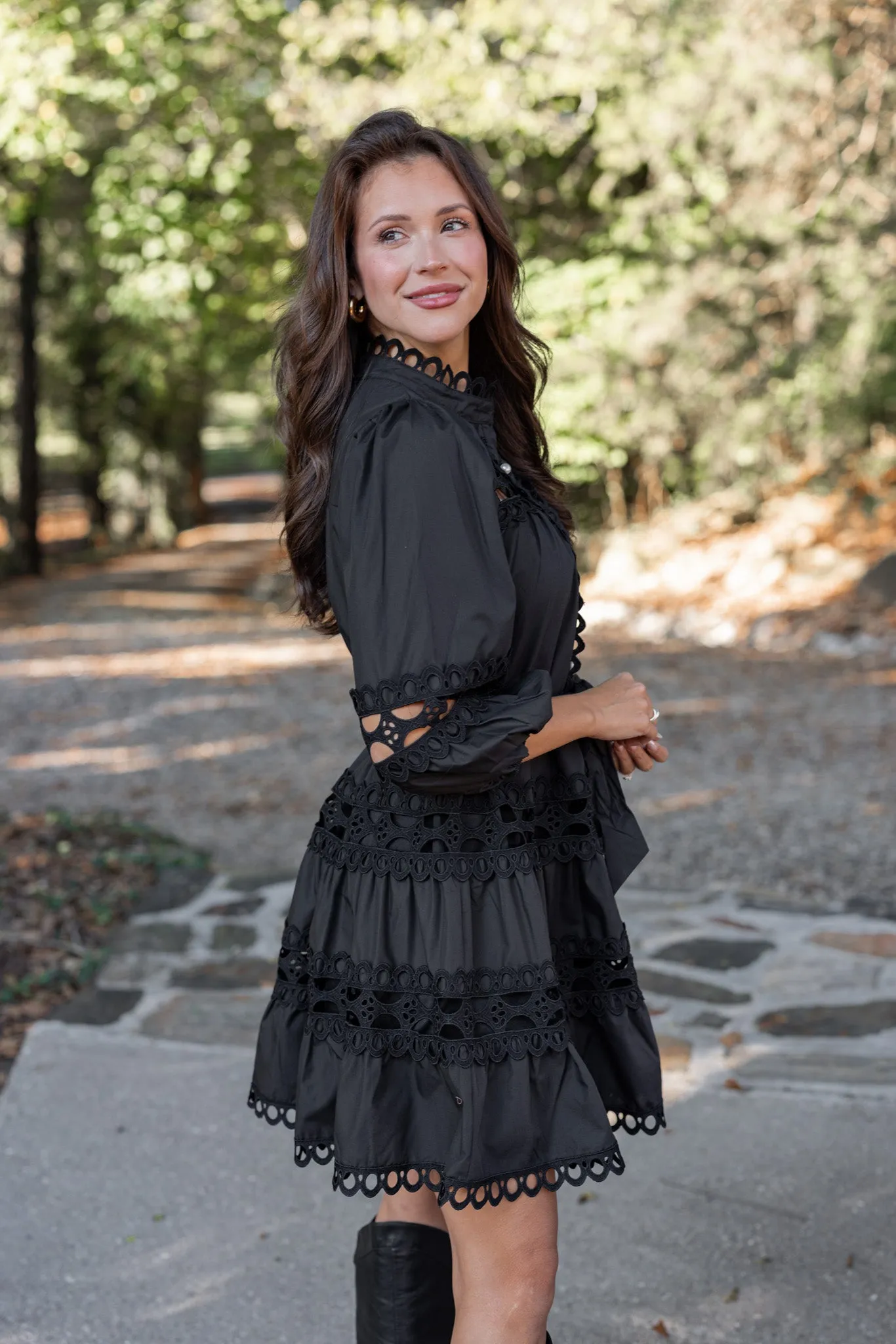 Embroidered Lace Black Tiered Dress