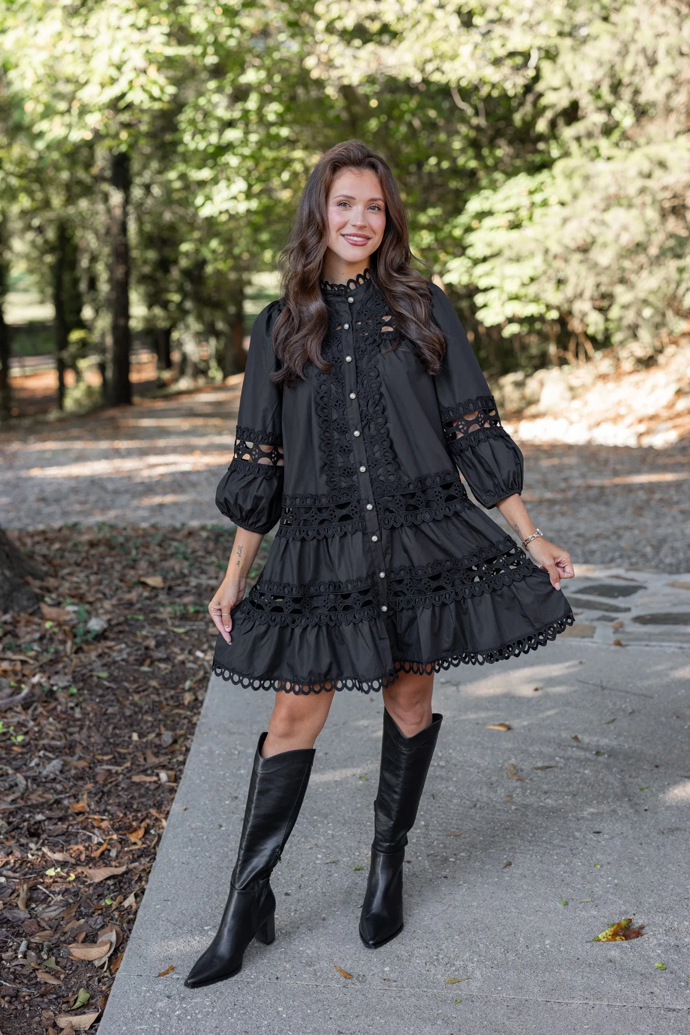 Embroidered Lace Black Tiered Dress