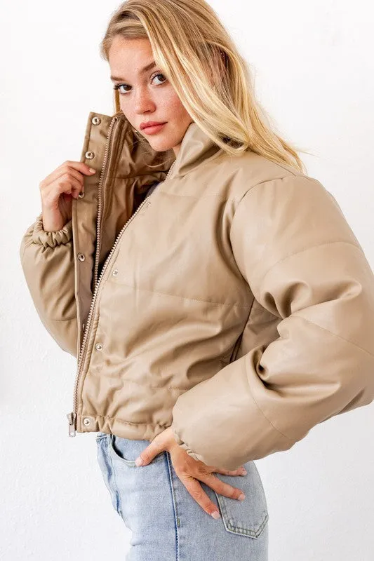 Faux Leather Puffer Jacket in Taupe