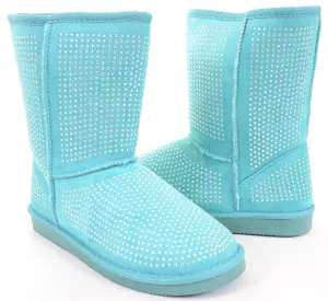 Girls Fur Rhinestone Faux Shearling Blue Round Toe Ankle Boot KIDS