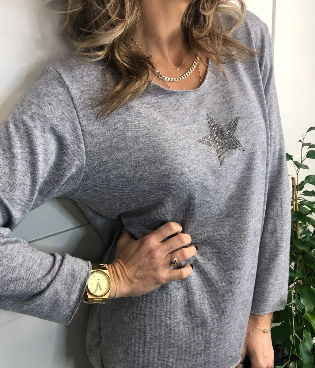 Grey Diamante Star Lightweight Jumper