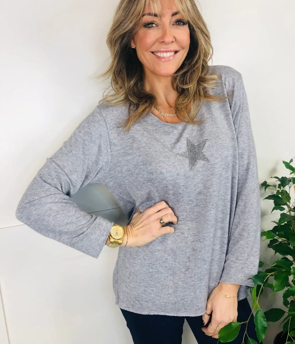 Grey Diamante Star Lightweight Jumper