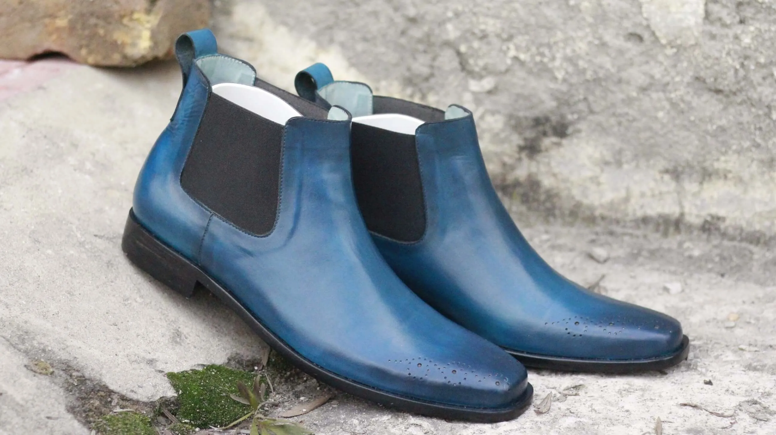 Handmade Blue Brogue Toe Half Chelsea Ankle Boots, Stylish Unique Boot For Men's