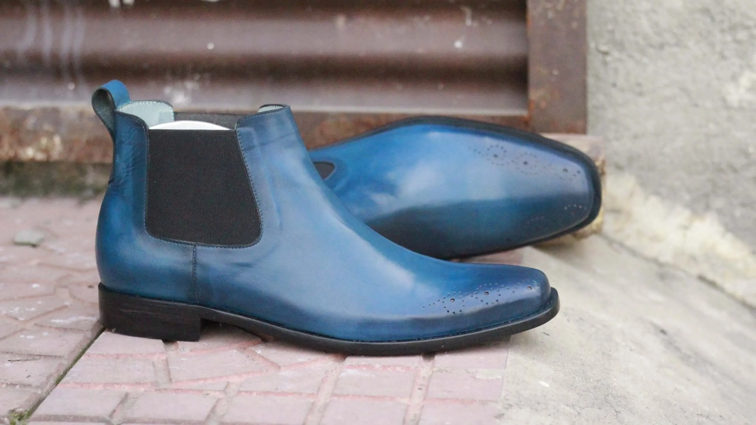 Handmade Blue Brogue Toe Half Chelsea Ankle Boots, Stylish Unique Boot For Men's