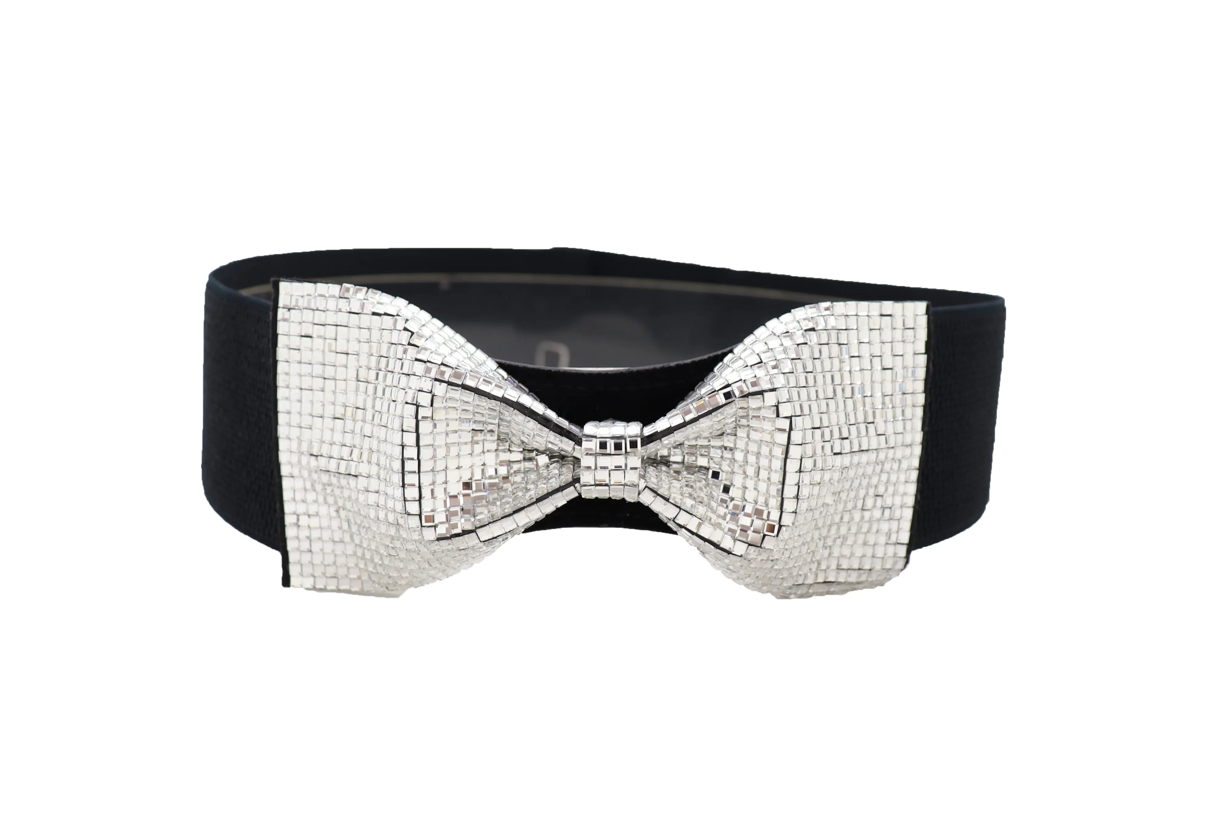 High Waist Hip Silver Bling Bow Tie Buckle Belt Black Elastic Band S M