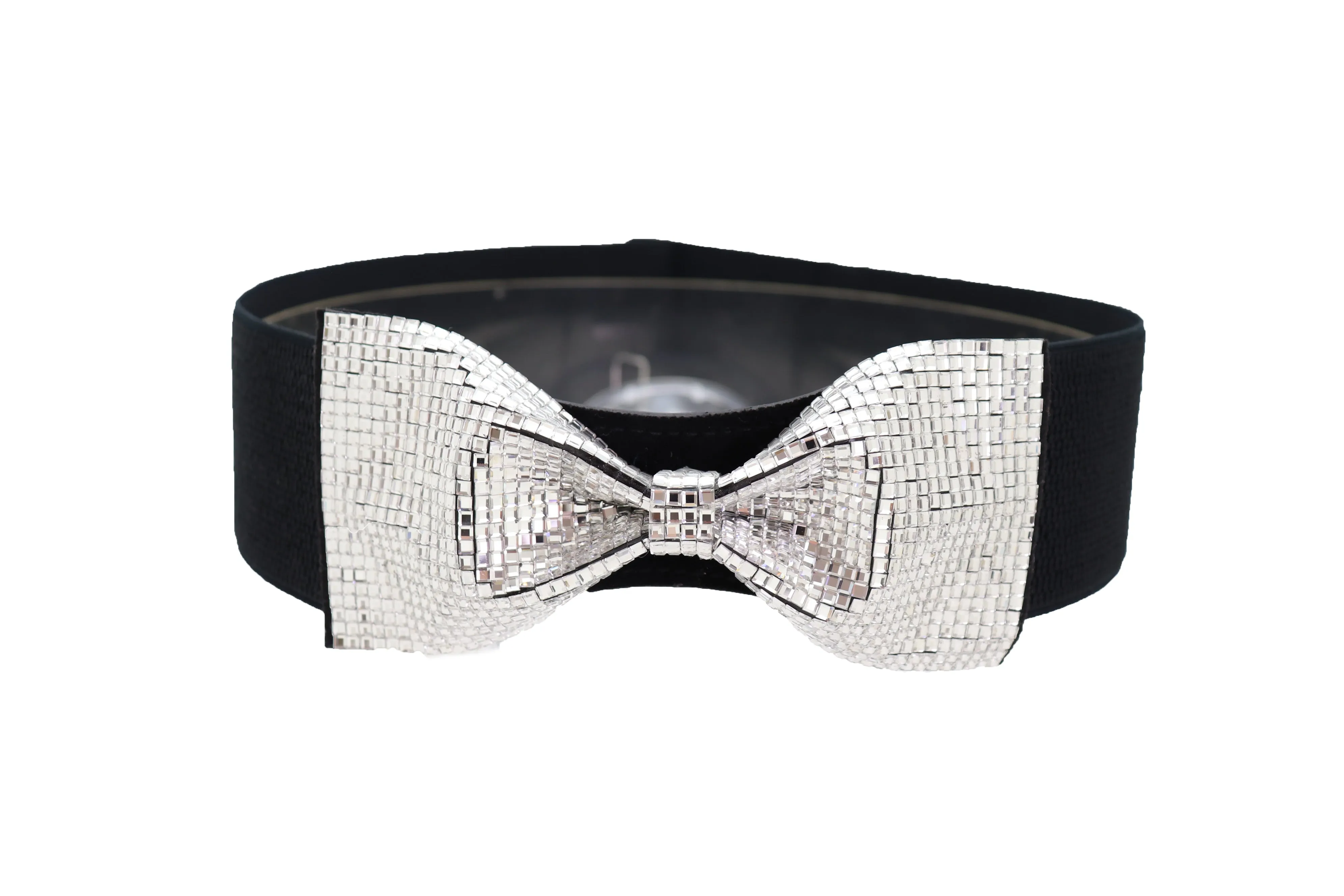 High Waist Hip Silver Bling Bow Tie Buckle Belt Black Elastic Band S M