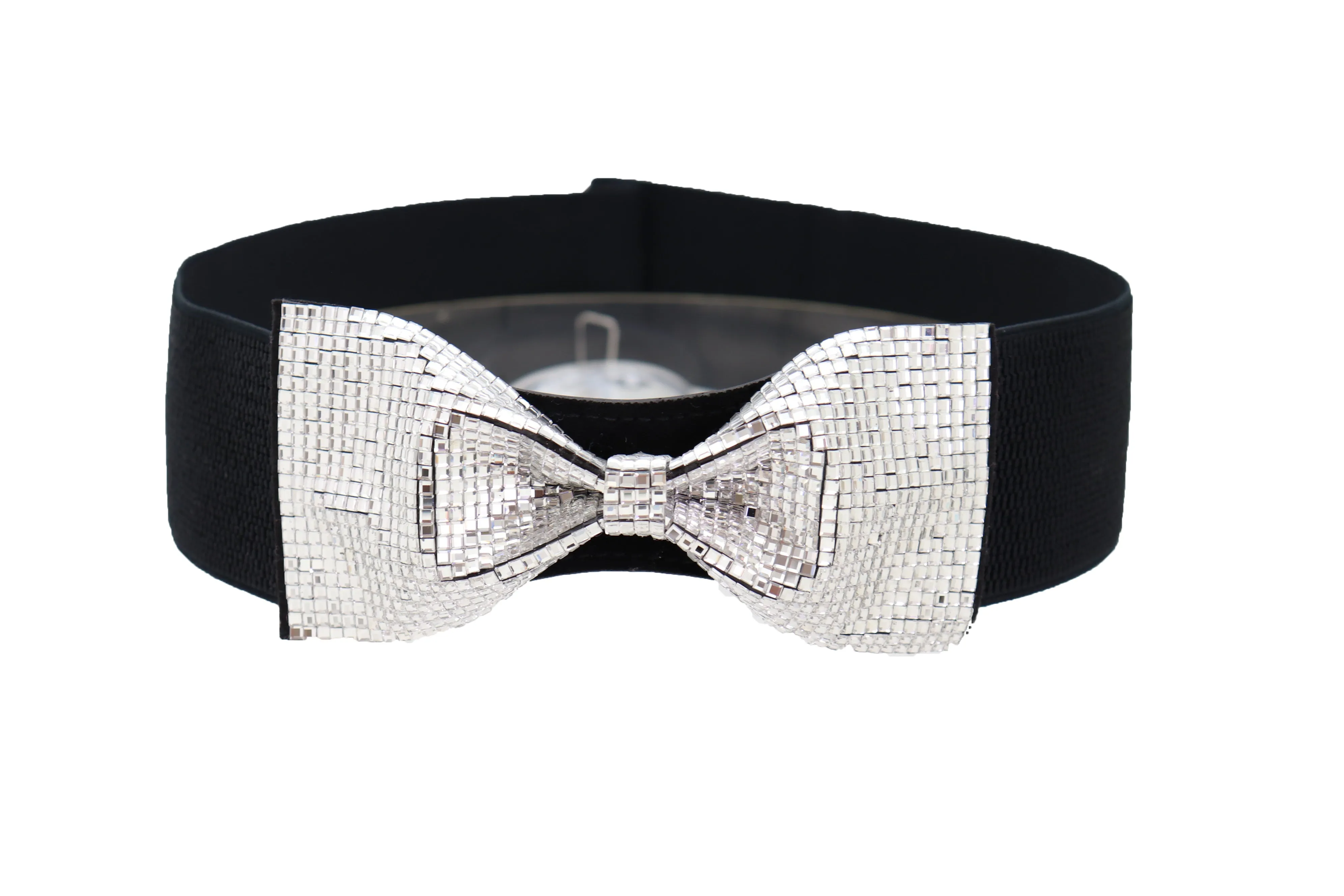 High Waist Hip Silver Bling Bow Tie Buckle Belt Black Elastic Band S M