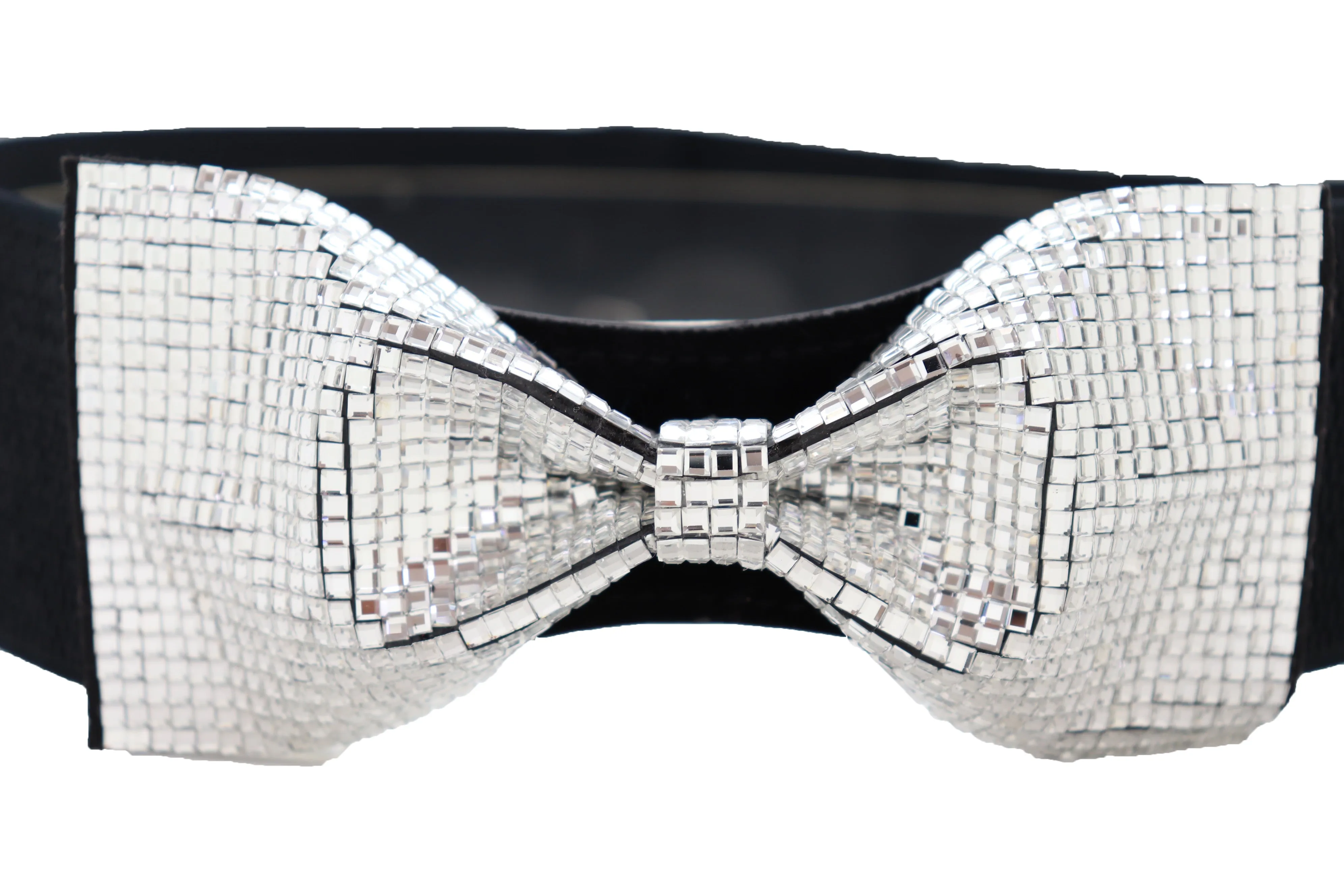 High Waist Hip Silver Bling Bow Tie Buckle Belt Black Elastic Band S M