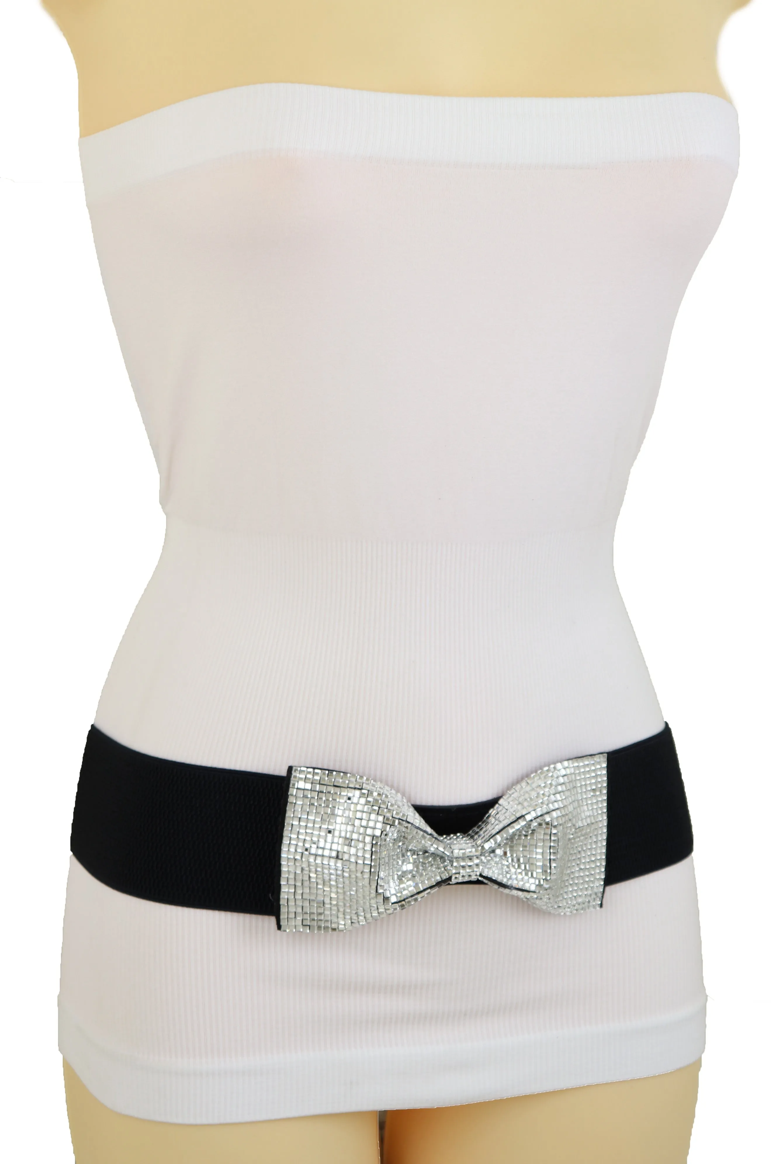 High Waist Hip Silver Bling Bow Tie Buckle Belt Black Elastic Band S M