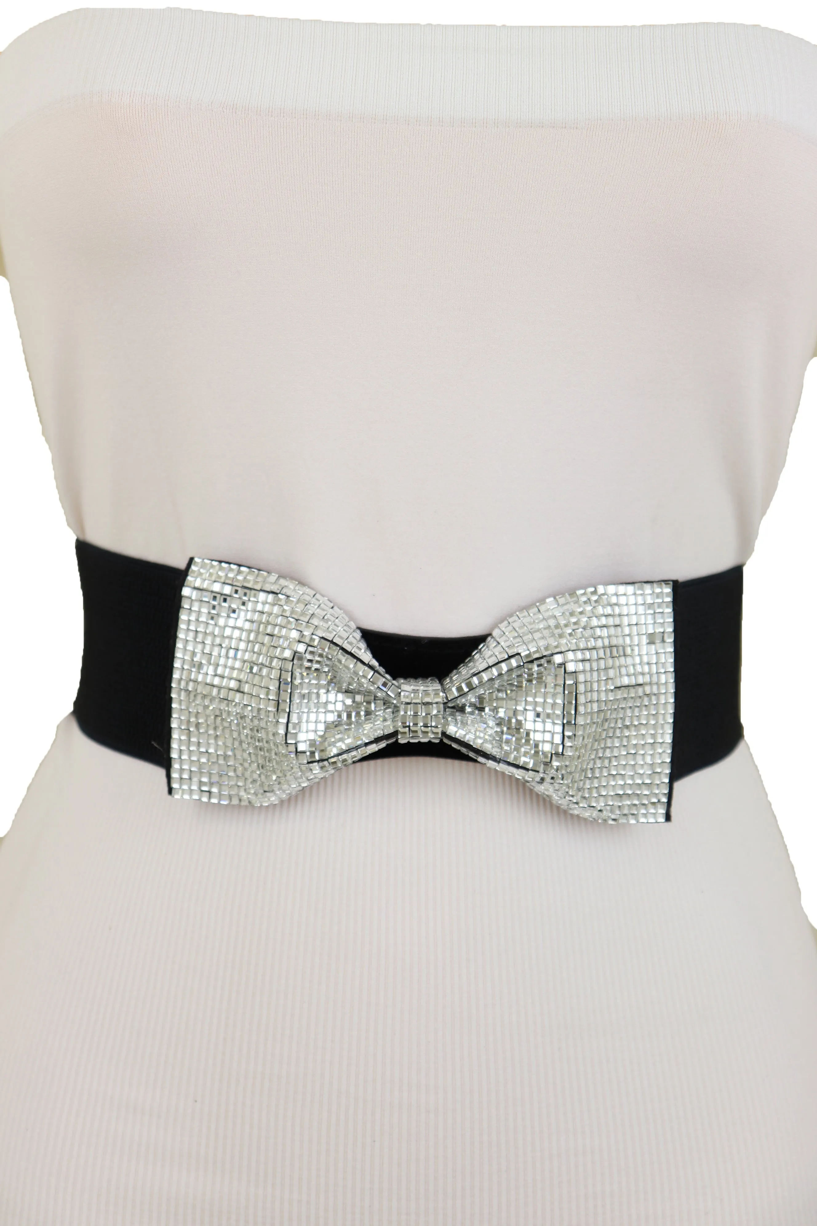 High Waist Hip Silver Bling Bow Tie Buckle Belt Black Elastic Band S M