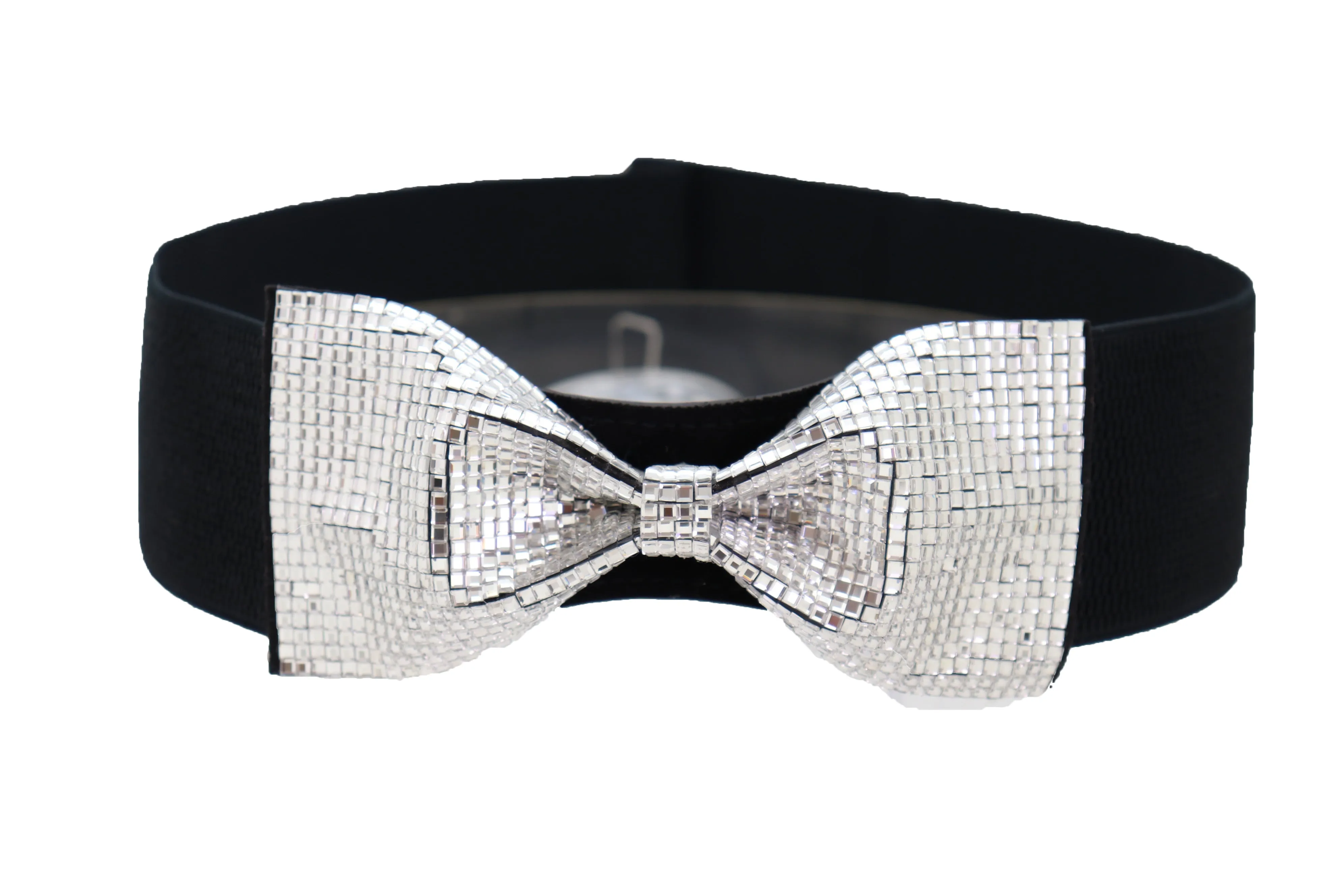 High Waist Hip Silver Bling Bow Tie Buckle Belt Black Elastic Band S M