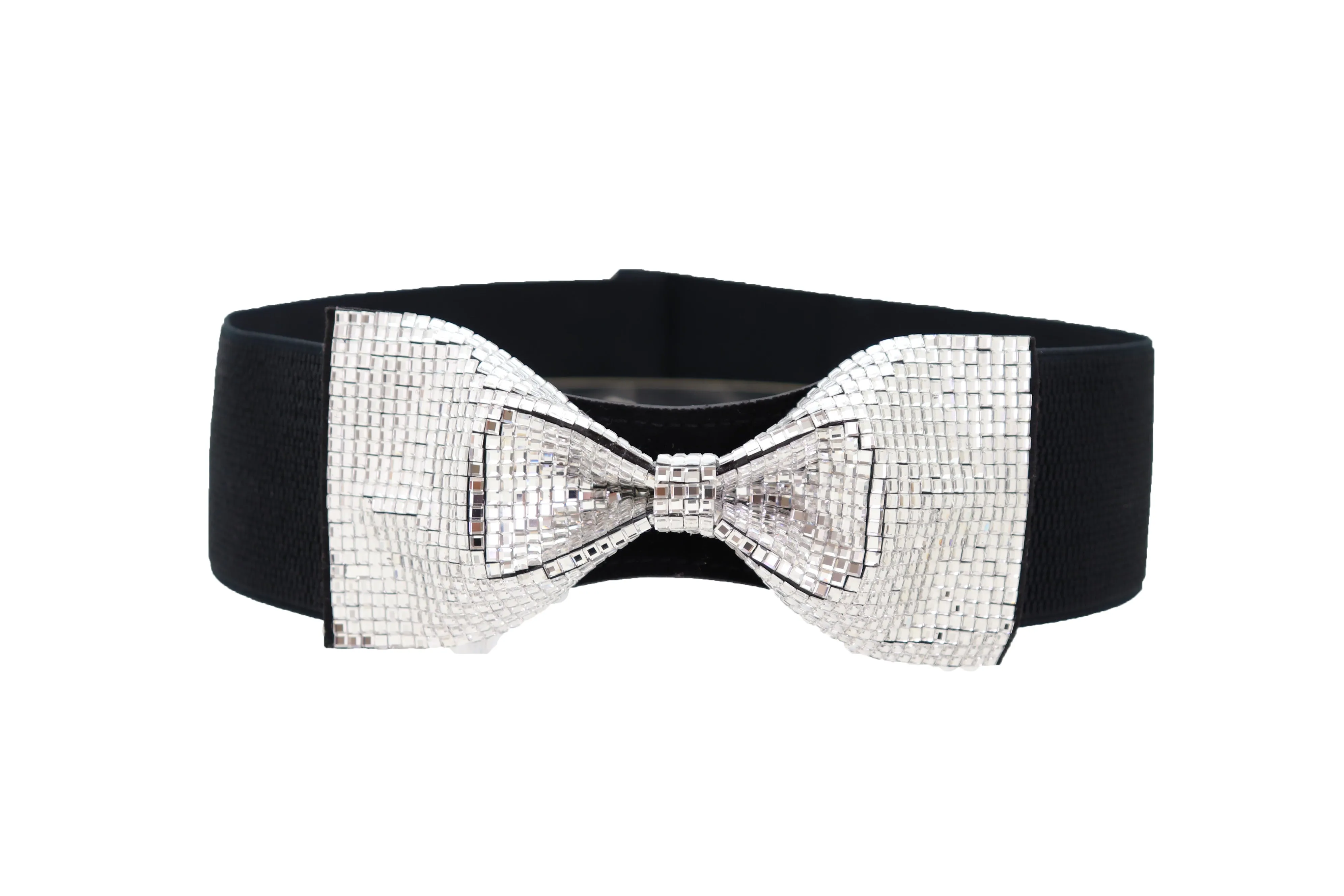 High Waist Hip Silver Bling Bow Tie Buckle Belt Black Elastic Band S M