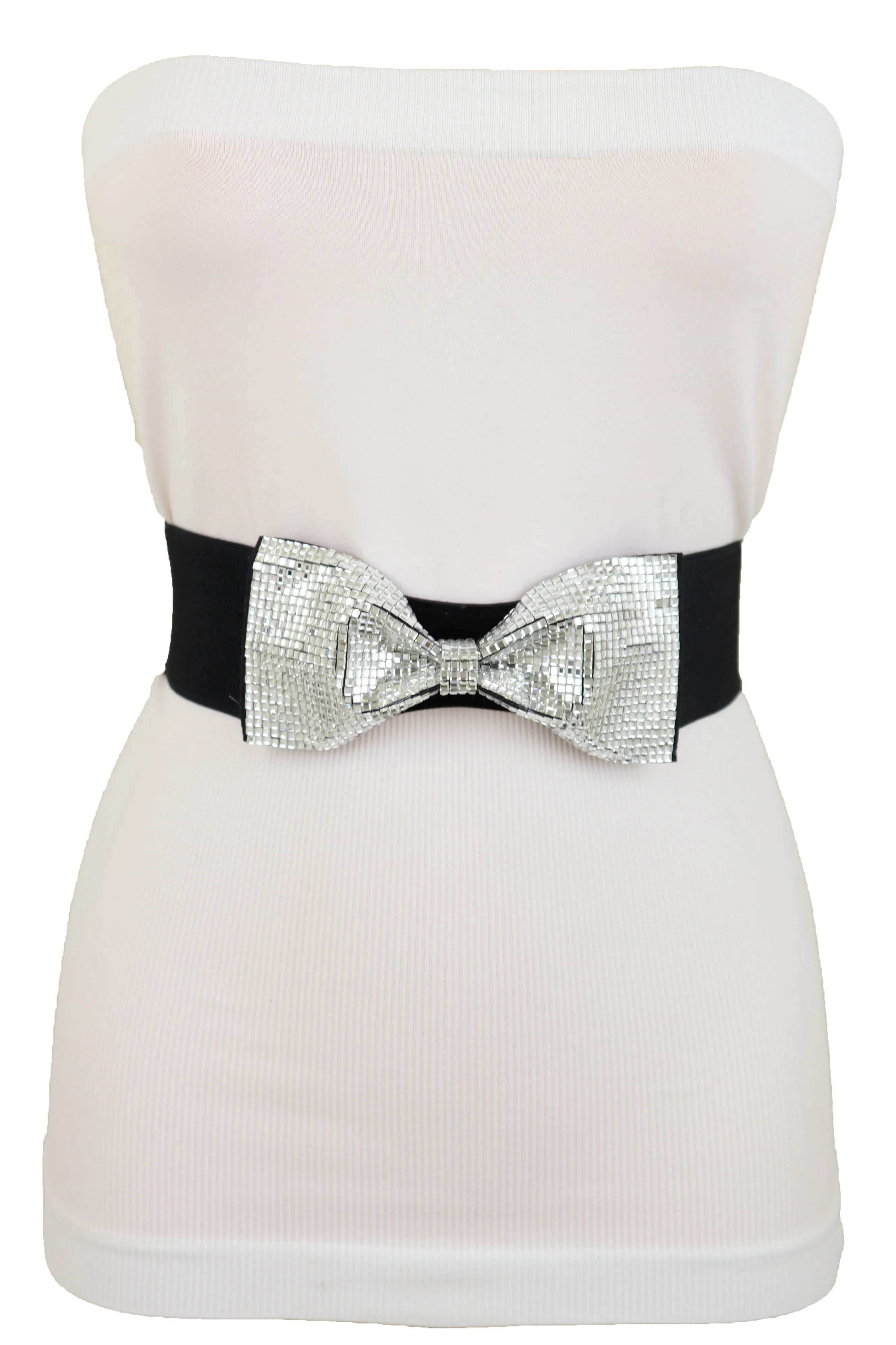 High Waist Hip Silver Bling Bow Tie Buckle Belt Black Elastic Band S M