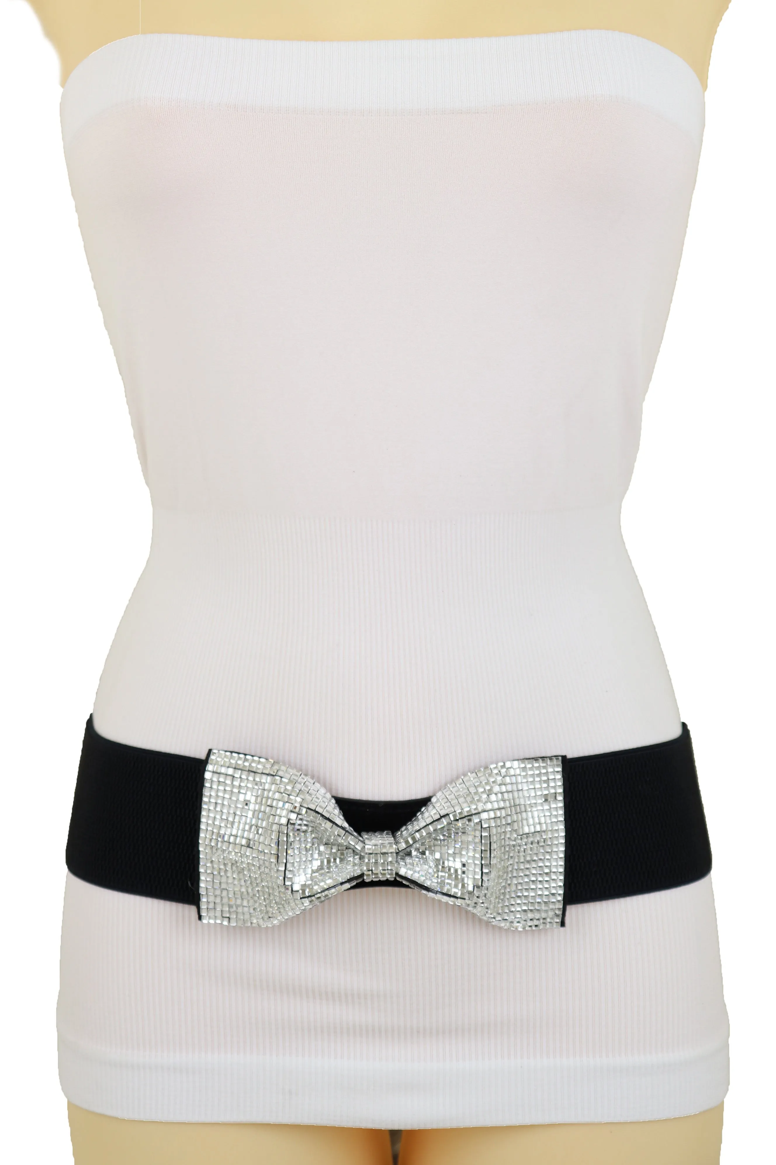 High Waist Hip Silver Bling Bow Tie Buckle Belt Black Elastic Band S M