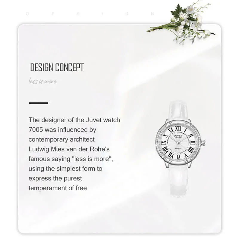 JUVET 7005 Beautiful Women's Roman Numeral Watch Leather Strap - Snow Silver A3