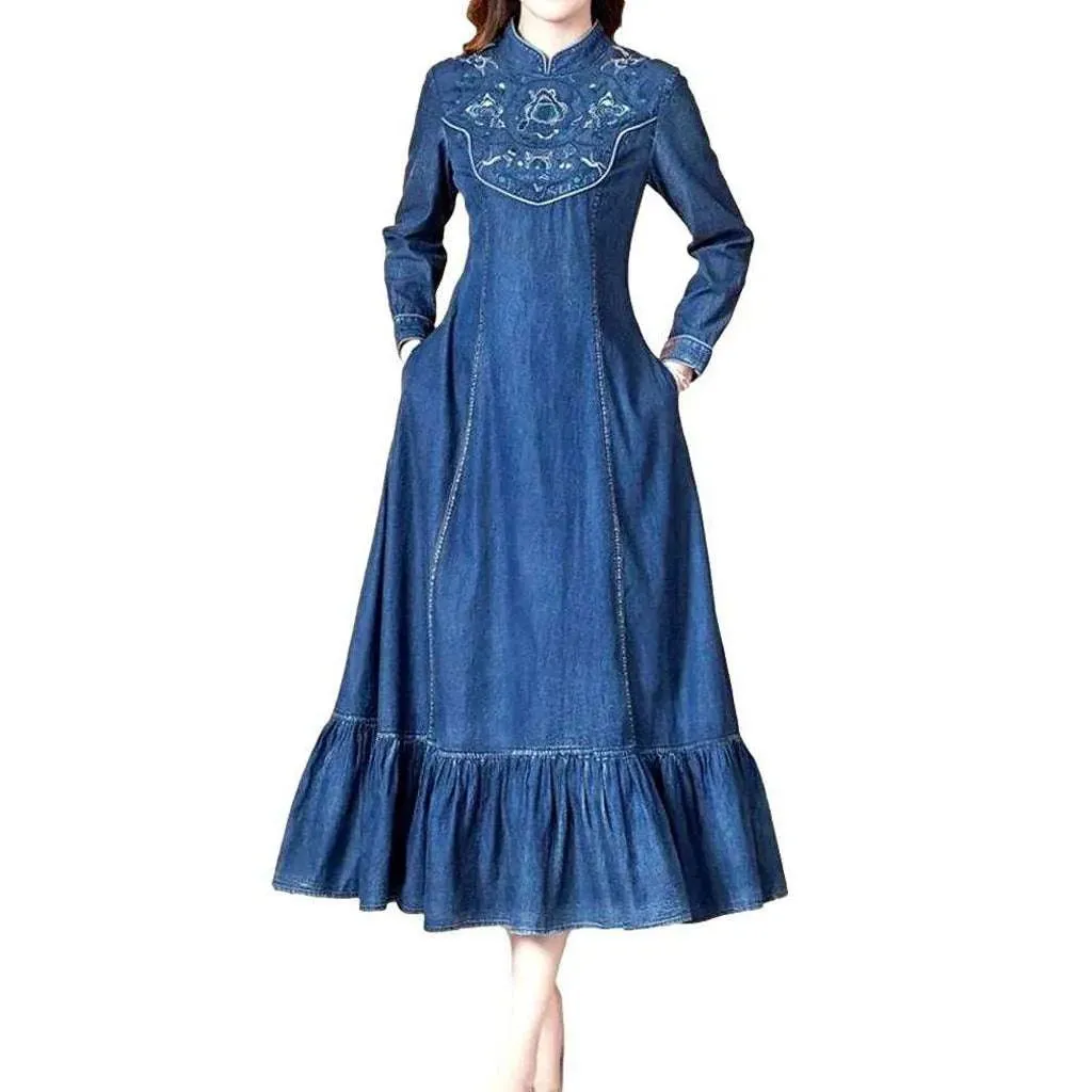 Long embroidered y2k denim dress