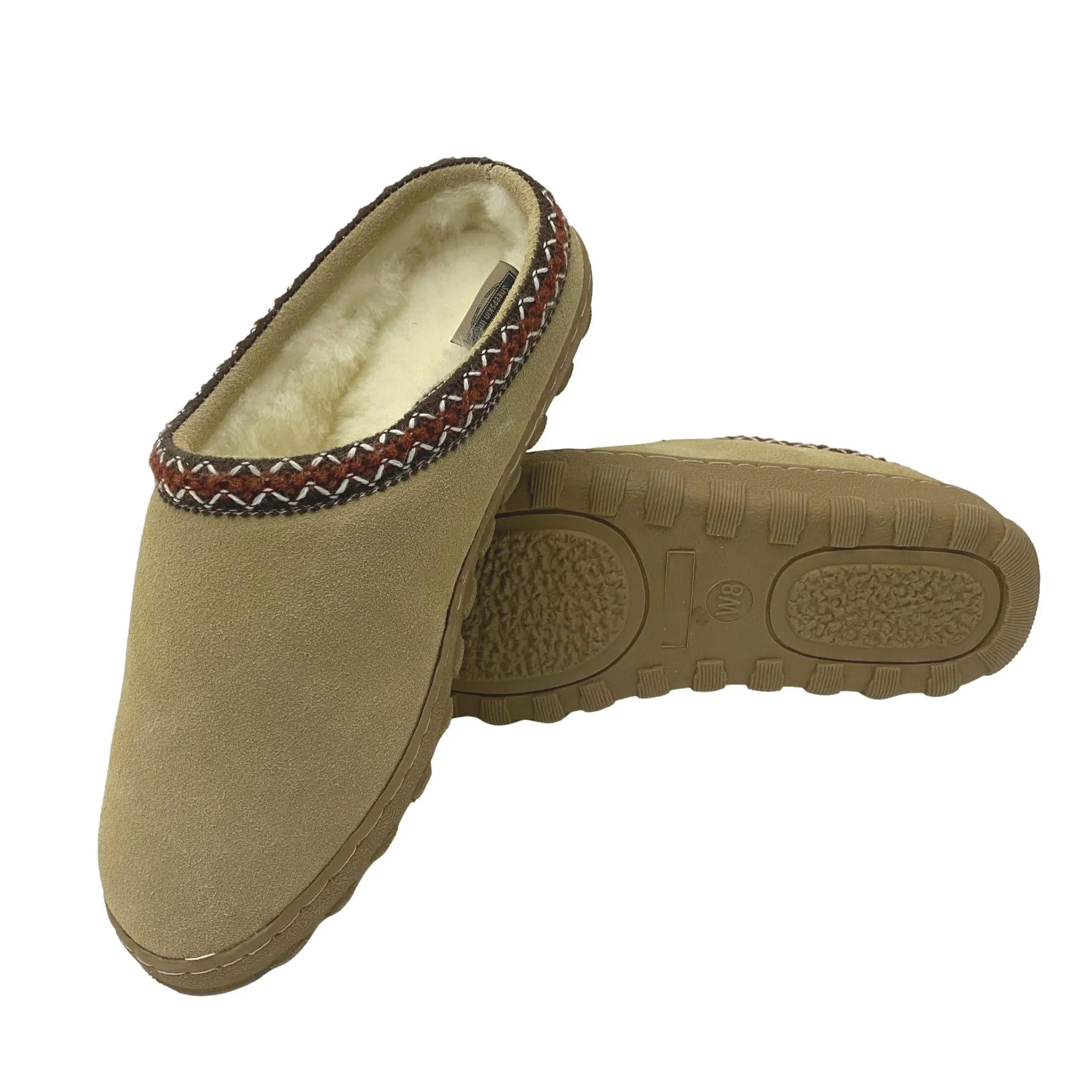 LU Sheepskin Women's Clogs - Shearling Slippers with Geometric Border Design