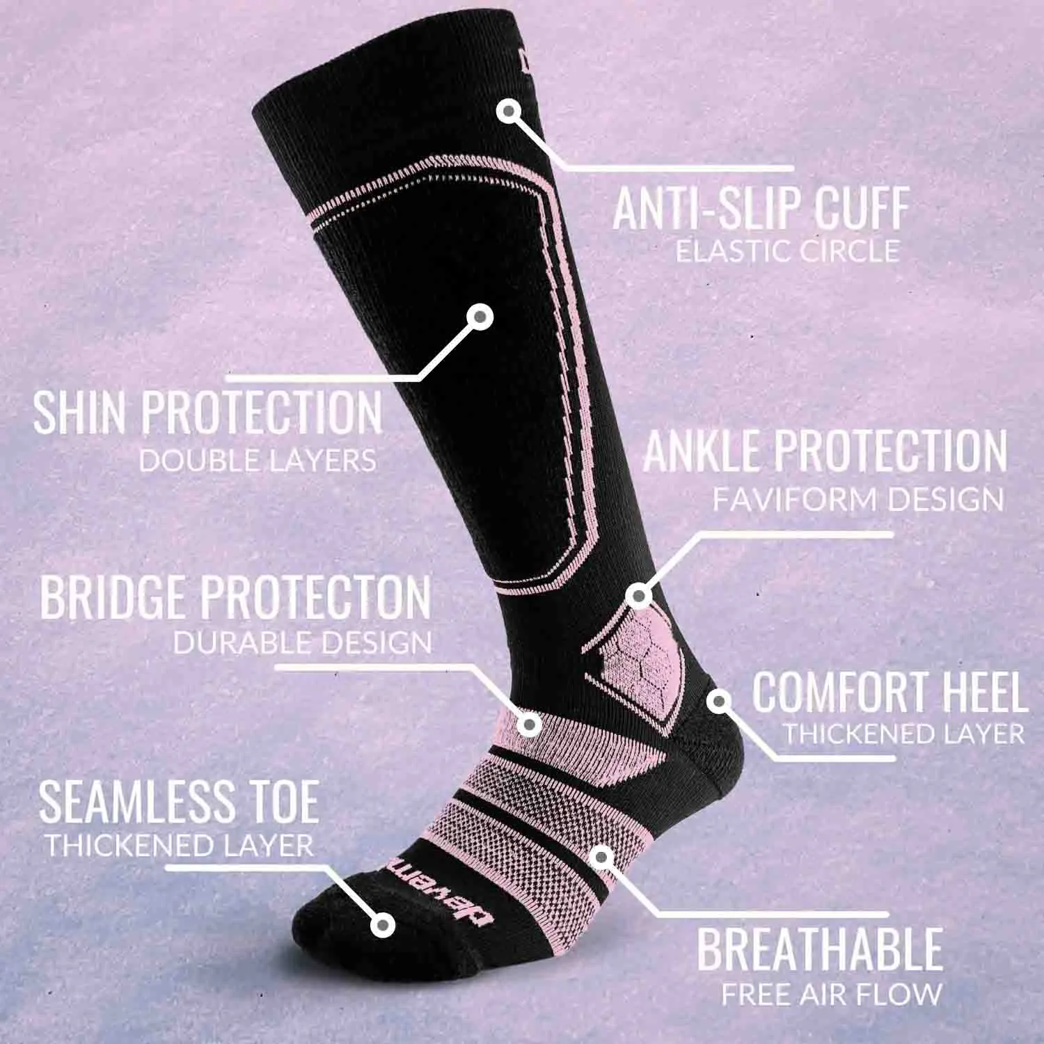 Merino Wool Ski Socks & Snowboard Socks (Black & Pink)