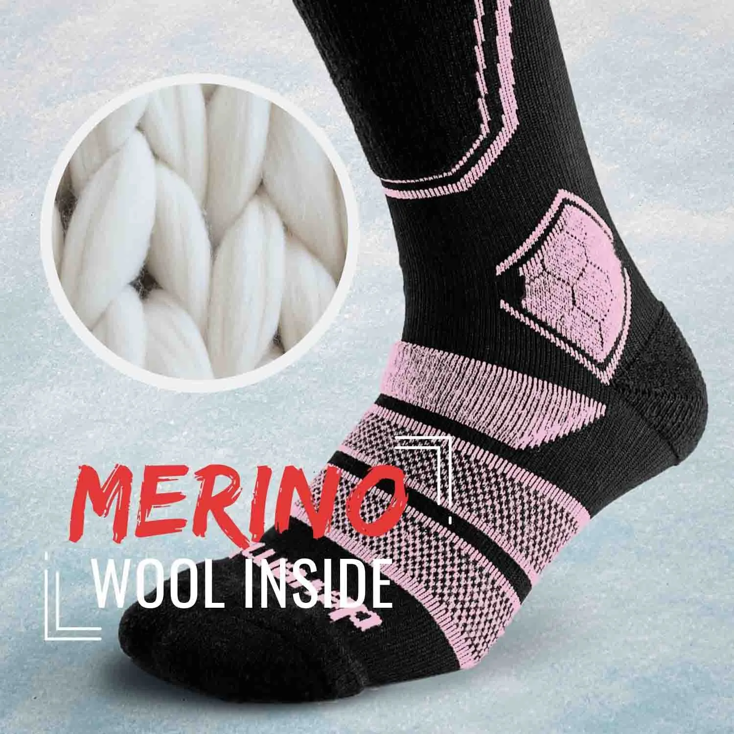 Merino Wool Ski Socks & Snowboard Socks (Black & Pink)