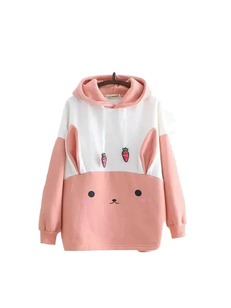 Metaversmall Women's Cartoon Embroidery Plus Velvet Harajuku Hoodies Sweatshirts Winter Long Sleeve Thick Hooded Tracksuits