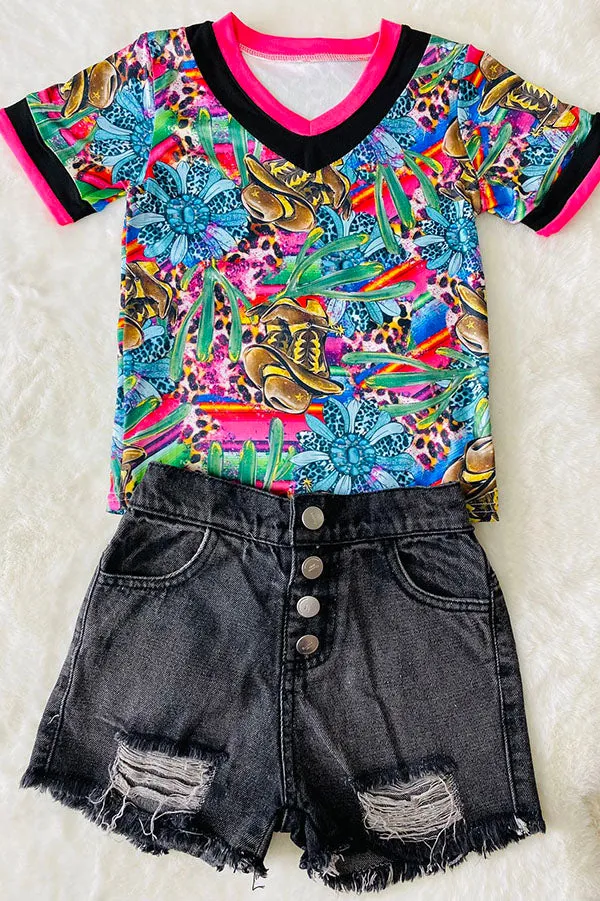 Multicolor western print V-neck short sleeve top DLH1215-26