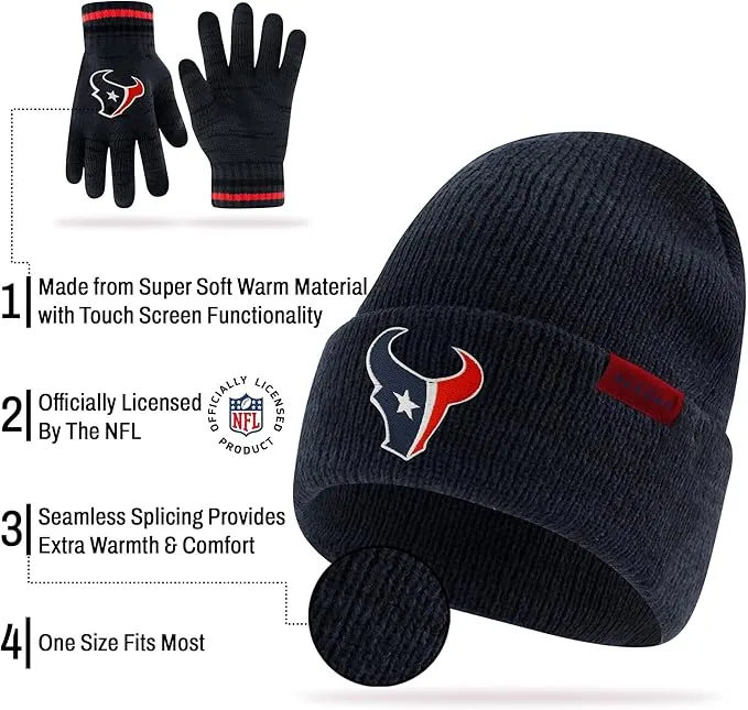 NFL Official Adults Unisex Super Soft Winter Beanie Knit Hat With Extra Warm Touch Screen Gloves|Houston Texans