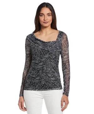 Petite Printed Asymmetrical Mesh Top