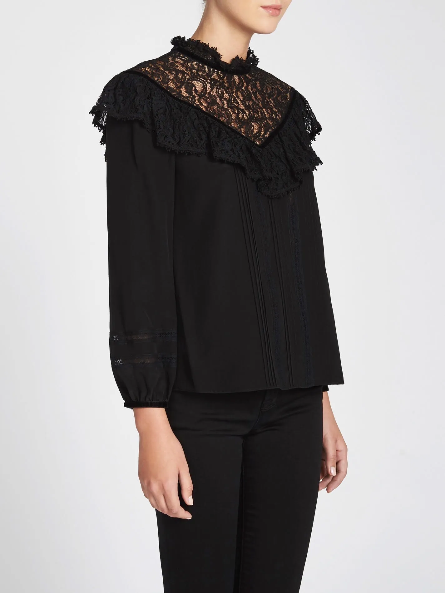 Silk & Lace Top With Velvet Trim