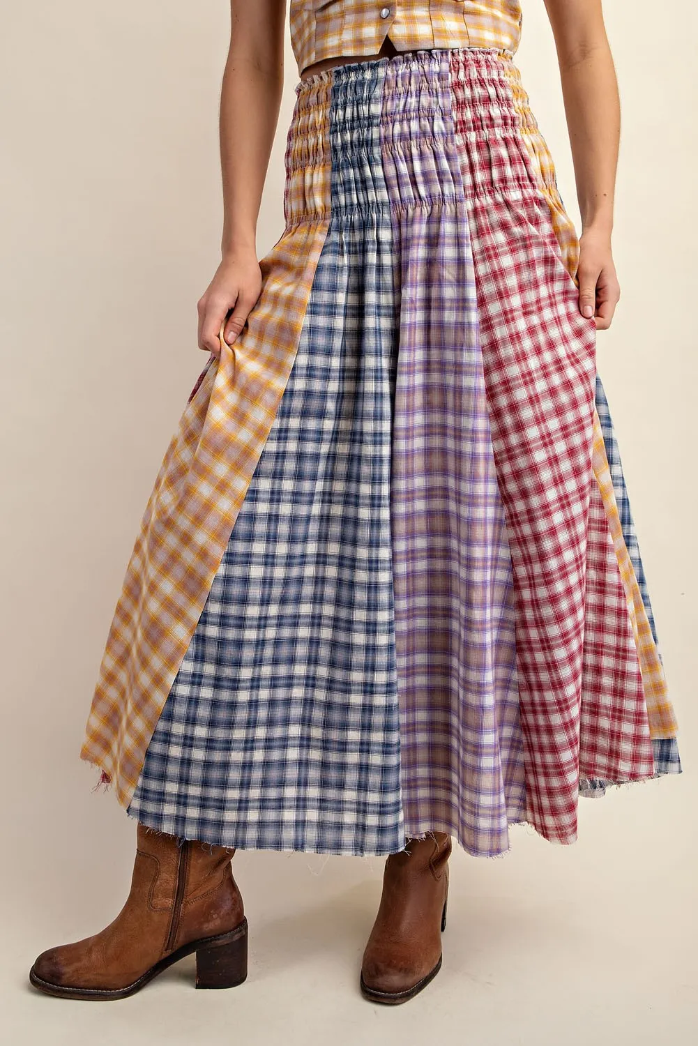 Smocked Waist Checkered Mixed Print A-Line Maxi Skirt (has matching Vest)