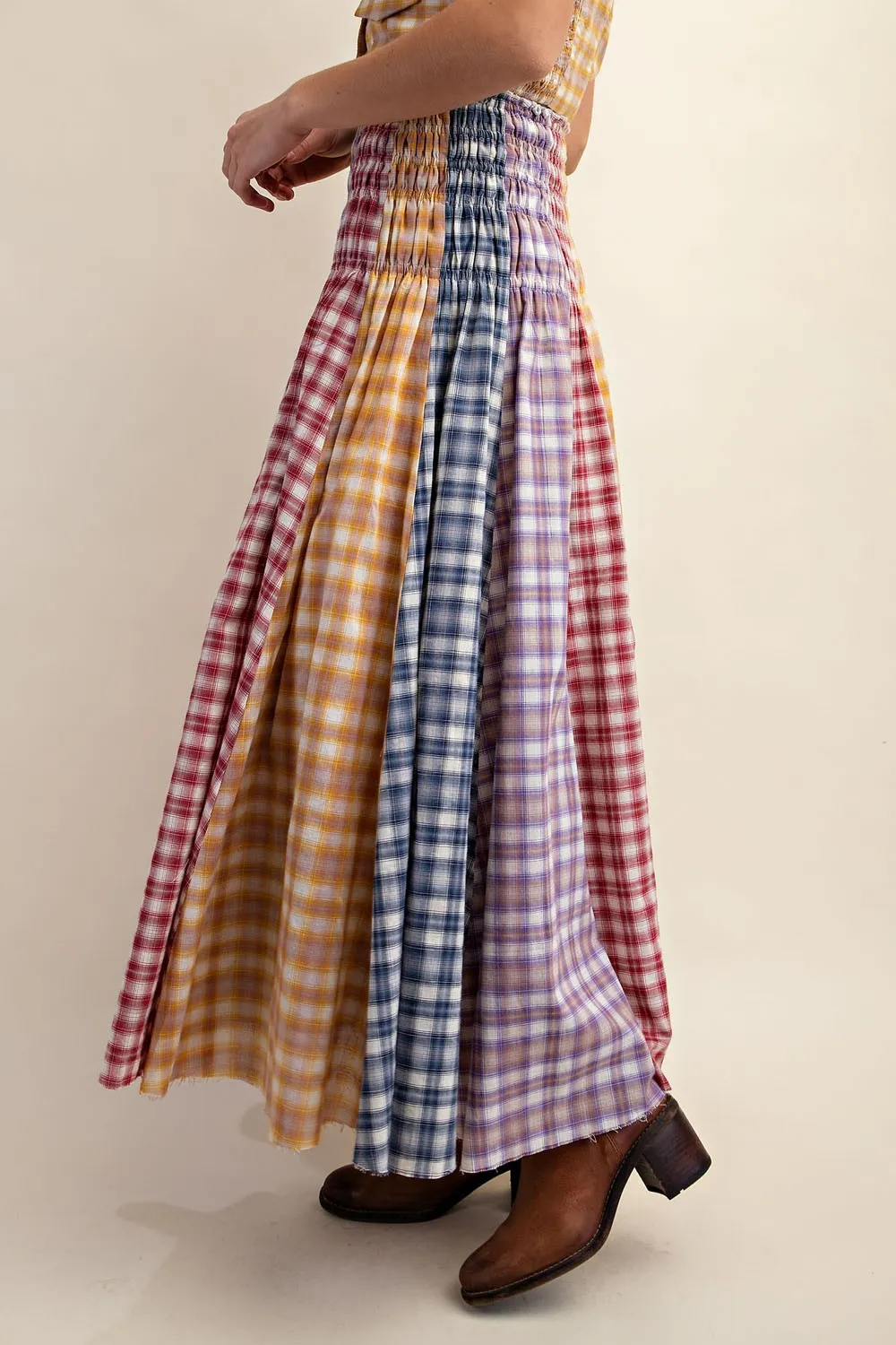 Smocked Waist Checkered Mixed Print A-Line Maxi Skirt (has matching Vest)